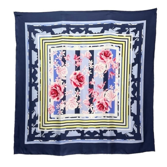 Hand Rolled Silk Scarf Stripes Roses Floral Blue Pink Yellow 34.5” Square EUC